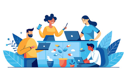 Obraz premium Working online team doing some creative job vector , illustration, remote virtual working freelancers or a part of coworking team.on light white blue background.