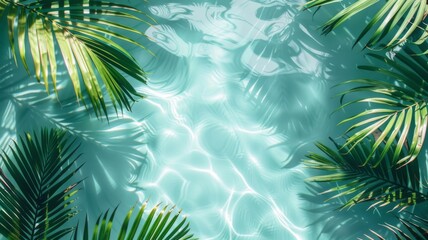 Tropical palm leaf shadow on water surface. Banner for summer vacation.