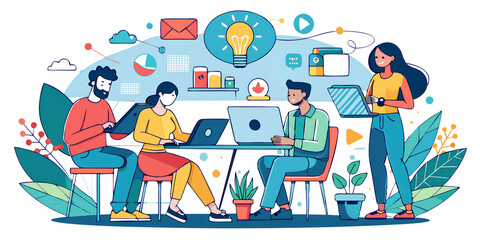 Working online team doing some creative job vector , illustration, remote virtual working freelancers or a part of coworking team.on light white blue background.