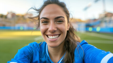Happy female soccer player taking selfie on sunny day at stadium.