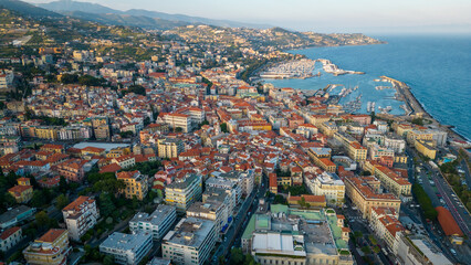Aerial of Sanremo Italy Liguria Italian coastline town famous for its own music festival 