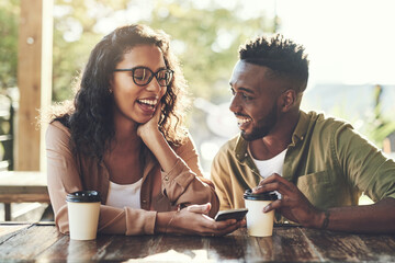 Couple, laugh or social media with smartphone in cafe, joke or bonding together with coffee. Happy people, boyfriend and girlfriend with mobile app for entertainment, streaming video or meme outdoor