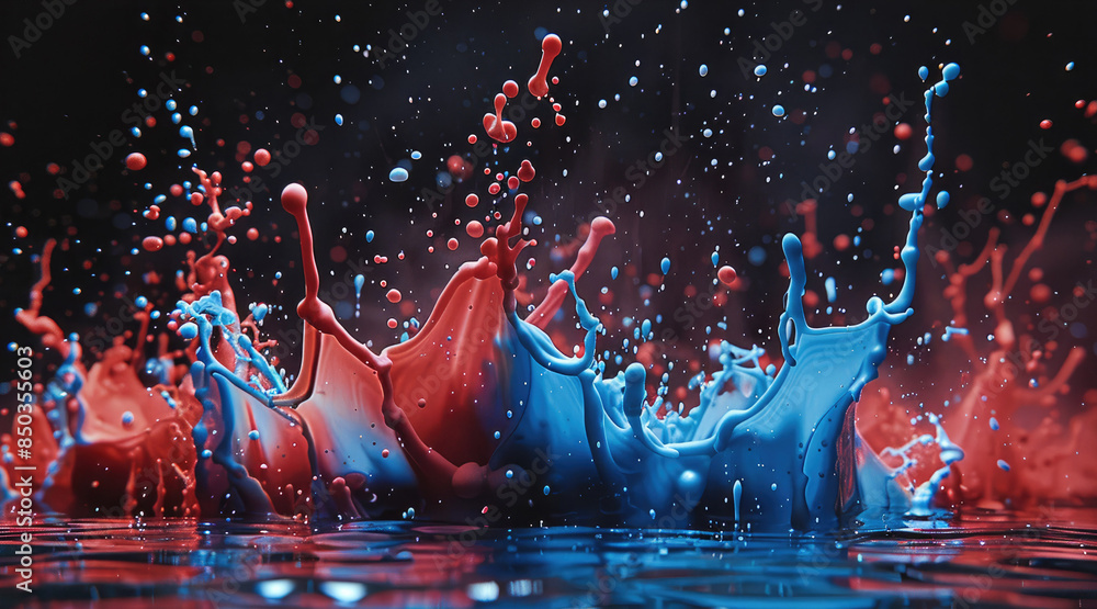 Aufkleber abstract symphony of blue and red ink splashes on a black stage. generative ai.