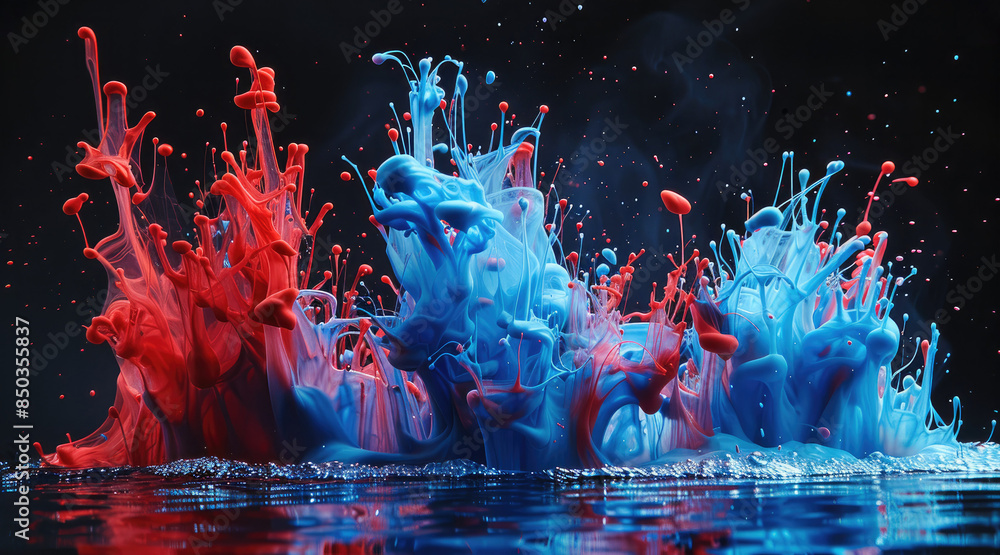 Aufkleber abstract symphony of blue and red ink splashes on a black stage. generative ai.