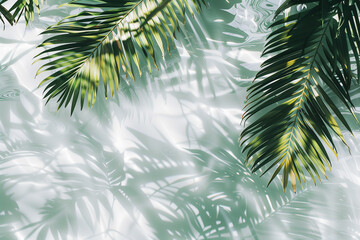 palm leaves on rippling water background, palm leaf shadows and water reflections