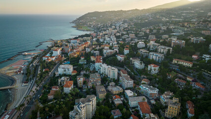 Aerial of Sanremo Italy Liguria Italian coastline town famous for its own music festival 