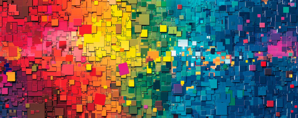 Displaying a vibrant array of multicolored squares, this abstract background captivates with its bold and geometric composition. Gaming digital background. Virtual Reality. Banner. Copy space