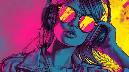 Captivating psychedelic portrait of a DJ woman immersed in digital and music. Close up. Pop art style.