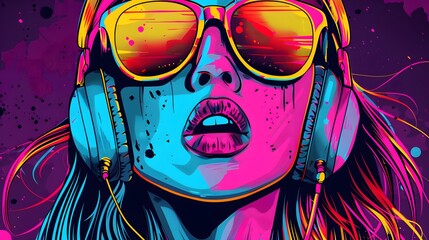 Captivating psychedelic portrait of a DJ woman immersed in digital and music. Close up. Pop art style.