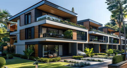 Fototapeta premium A modern apartment block with 8 apartment units. Modern Rounded corners and breeze blocks, colors beige and black with green lush plants and gardens. Generative AI.