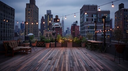 Fototapeta premium A city rooftop terrace features stylish wooden flooring and stunning skyline views, enhanced by string lights.