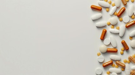 Top view of white background with pills and capsules Providing space for text
