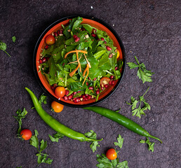 Arabic or Turkish Rocca Fresh Salad. Fresh green leaves, lettuce, arugula, rocket salad with mozzarella, pomegranate seeds, avocado, onions and coriander leaves.