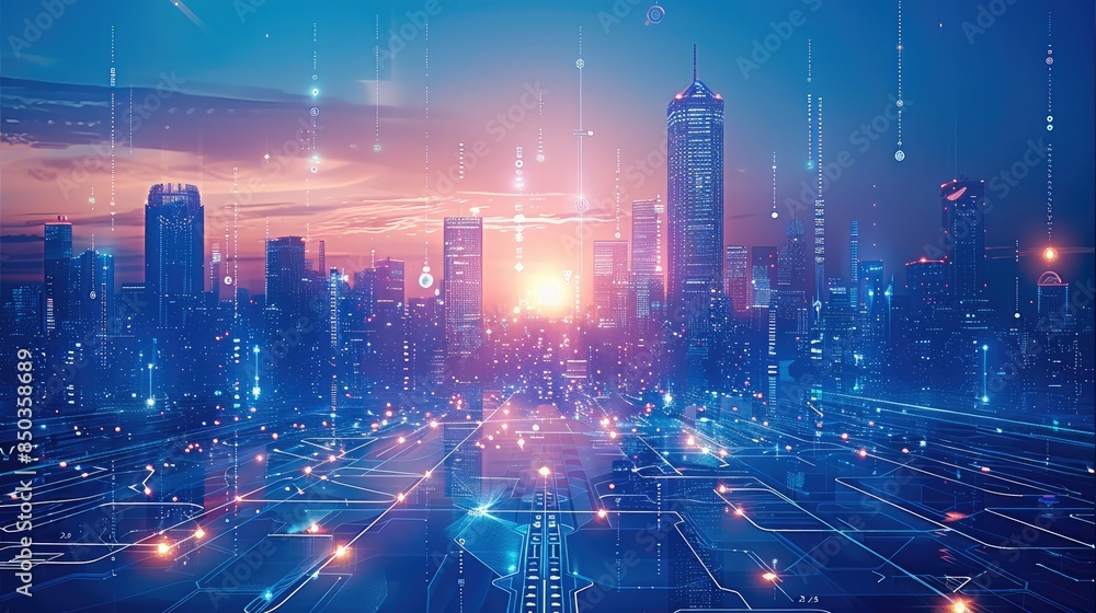 Poster a smart city, with a blue gradient background filled with technology motifs. the background includes