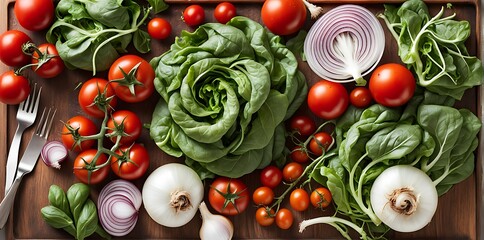 Fresh Vegetables Assorted on a White Background - Healthy Eating Concept with Tomatoes, Green Salad, Onions, and Organic Ingredients for a Vegetarian Diet