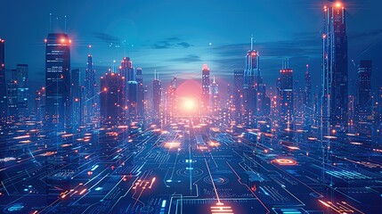 A smart city, with a blue gradient background filled with technology motifs. The background includes AI networks, digital streams, and gradient-enhanced shapes, a futuristic atmosphere. Generative AI.