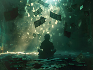 A dark room with holographic money floating around, and a person sitting hopelessly in the center