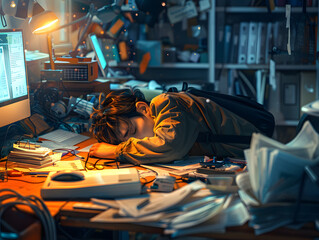 office with a person slumped over their desk, surrounded by bills and advanced gadgets, showing hopelessness