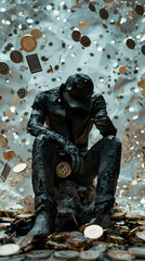  A despondent figure sitting on a pile broken smartphones and shattered coins, symbolizing financial and technological hopelessness