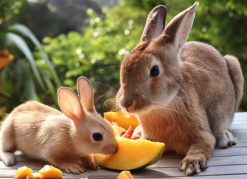 Liebre y conejillo comiendo trozos de fruta 
