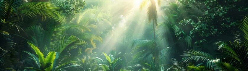 Lush, sunlit rainforest with dense greenery and mist, creating a serene and vibrant atmosphere of tropical nature