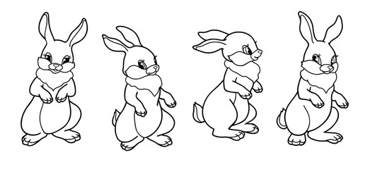 Hand-drawn coloring page with rabbits. Black and white images on white background.