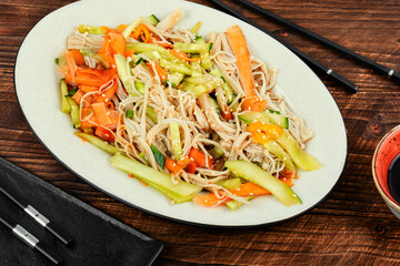 Vegan salad with enoki mushrooms.