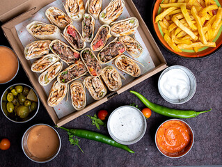 Turkish or Arabic Shawarma box full of pieces of chicken shawerma or shawarma wrap with onion, tomato, lettuce and garlic sauce in Syrian bread with side french fries and fried bread.