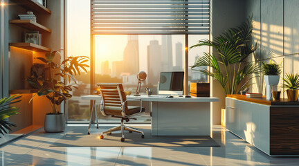 Fototapeta premium Modern home office with a large desk and minimalist decor. Generative AI.