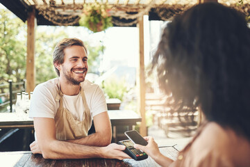 Cafe, customer and waiter with terminal for smartphone, nfc payment and scanning mobile outdoor....