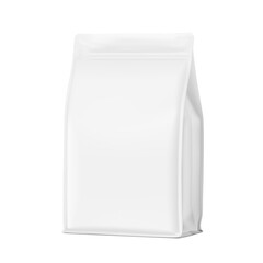 Vertical bag mockup. Flat bottom gusset bag. Half side view. High realistic. Vector illustration isolated on white background. Ready for use in presentation, promo, advertising and more. EPS10.