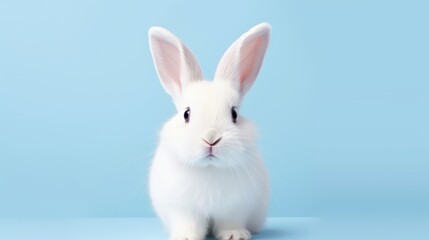 Obraz premium cute animal pet rabbit or bunny white color smiling and laughing isolated with copy space for easter background, rabbit, animal, pet, cute, fur, ear, mammal, background, celebration, generate by AI