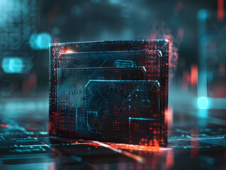 An empty wallet with a digital interface, symbolizing the hopelessness financial struggles in a tech-driven world