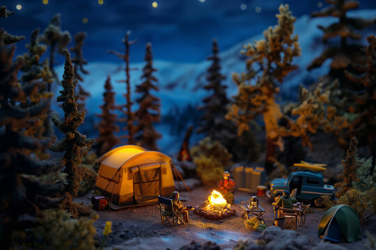 粘土細工のリアルな夜のキャンプシーン/Realistic Clay Miniature Night Camping Scene/ealistische Tonminiatur Nacht Campingszene