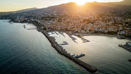 Sanremo Italy coastal promenade and harbor with classical architecture, aerial 