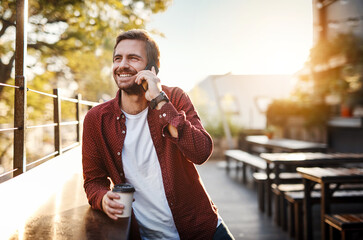 Phone call, entrepreneur and outdoor with smile, man and communication, coffee shop and contact. Male person, smartphone and cafe takeaway or happy conversation in Canada, morning or connection