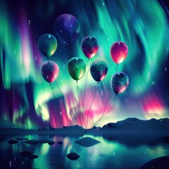 Festive New Year party under the northern lights, balloons of various colors, joyful atmosphere, perfect for event promotion.