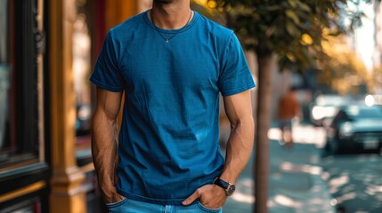 Fototapeta premium A man in a blue t-shirt and jeans stands on a city street.