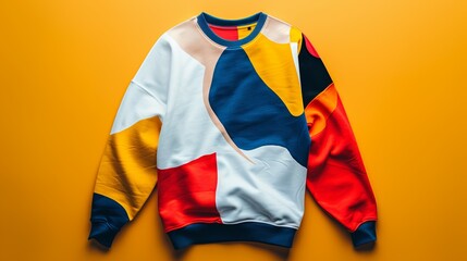 Colorful geometric pattern sweatshirt on a yellow background.