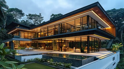 Fototapeta premium Modern tropical house with extensive cross-ventilation, large windows, and design elements that integrate with the natural environment. Generative AI.