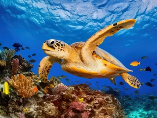 Fototapeta premium Turtle Swimming Near Vibrant Coral in Underwater Photography