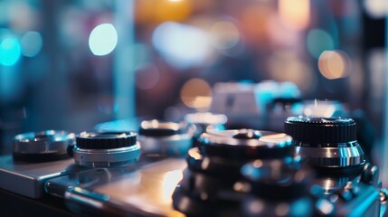 Blurred manual settings on a DSLR camera in a display case.