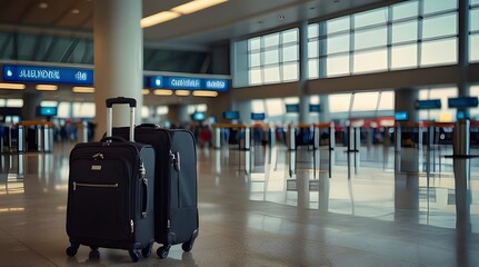 Luggage suitcases at the airport wide banner with area.generative.ai 