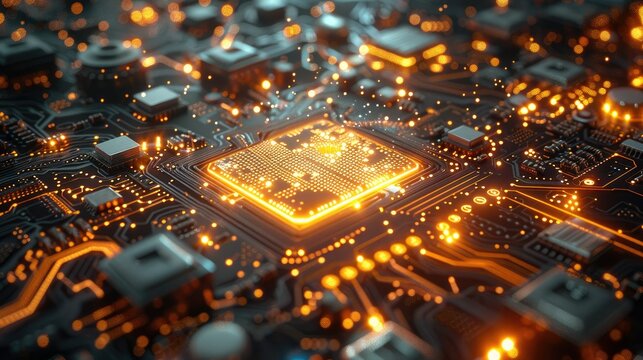Technology chip details, cool color tone, laboratory environment. Generative AI.