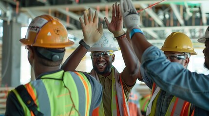 Construction Workers High-Fiving on Site