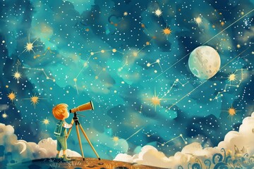 Naklejka premium An imaginative illustration of the Little Prince looking through a telescope at a sky filled with constellations and planets