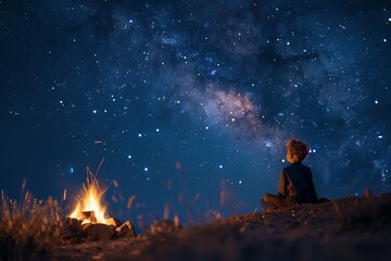 Fototapeta premium The Little Prince sitting by a campfire under a starry night sky, with the Milky Way visible above