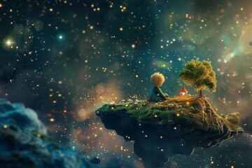 The Little Prince sitting on a floating island in space, with a small house and garden, looking content and peaceful 
