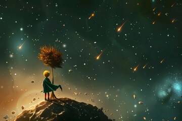 The Little Prince standing on a small planet with a single tree, looking up at a meteor shower