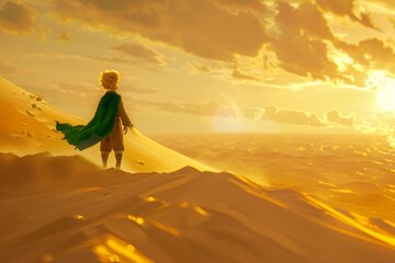 The Little Prince standing on a sand dune in a vast desert, with a golden sunset casting long shadows 